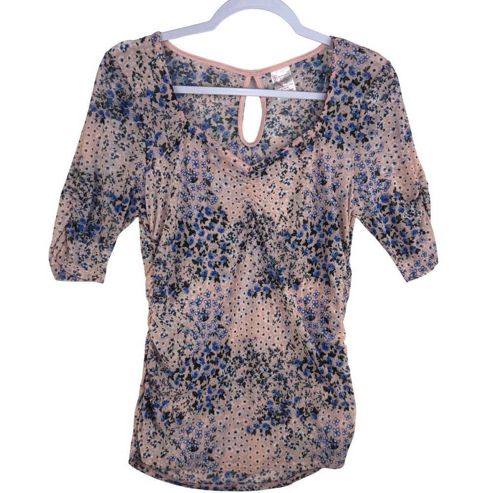 No Boundaries Floral Mesh Ruched Top Peach Blue V-Neck Keyhole Back Womens Large